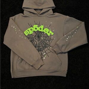 Sp5der Gray Hoodie with Neon Green Design